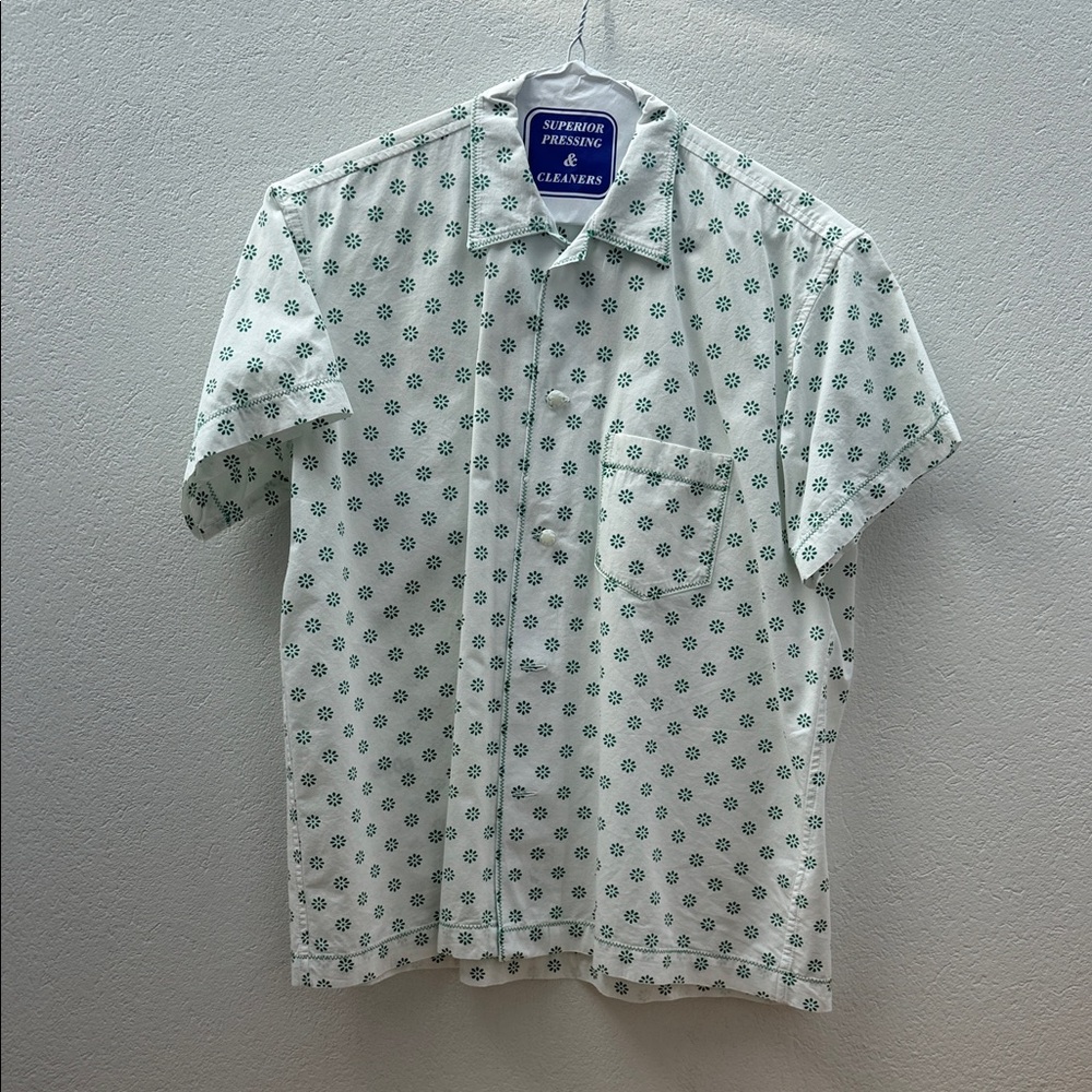 Bode White and Green Patterned Button Down Shirt